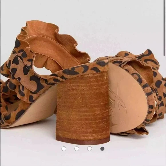 Leopard Print Ruffle Strap Block Heel Mules - Brown - Picture 7 of 13